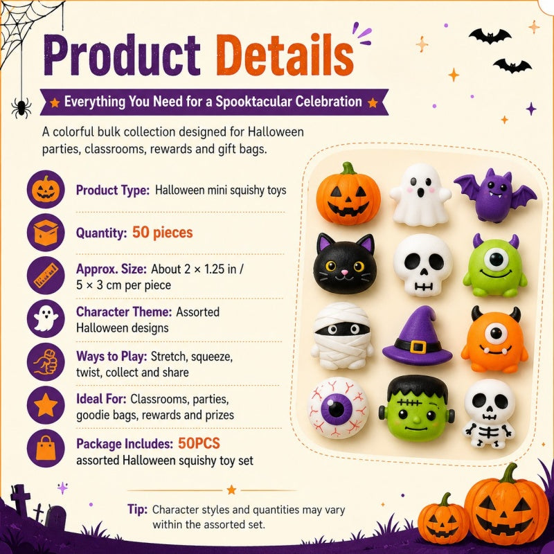 🎃50PCS Halloween Mochi Squishy Toys for Party Favors & Spooky Fun