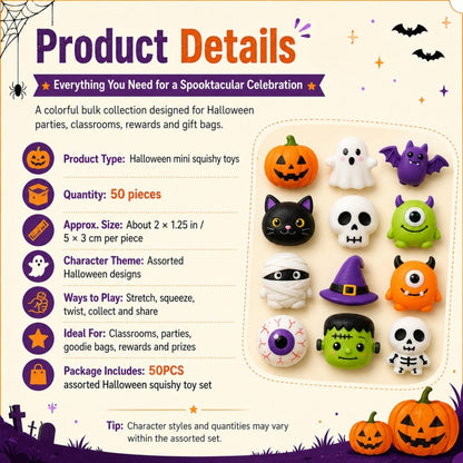 🎃50PCS Halloween Mochi Squishy Toys for Party Favors & Spooky Fun