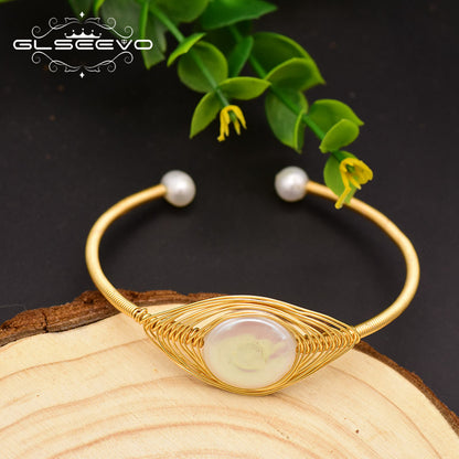 GLSEEVO Original Design Handmade Natural Freshwater Pearl Bangle For Women Wedding Gift Fine Jewelry Pulseira Feminina GB0113