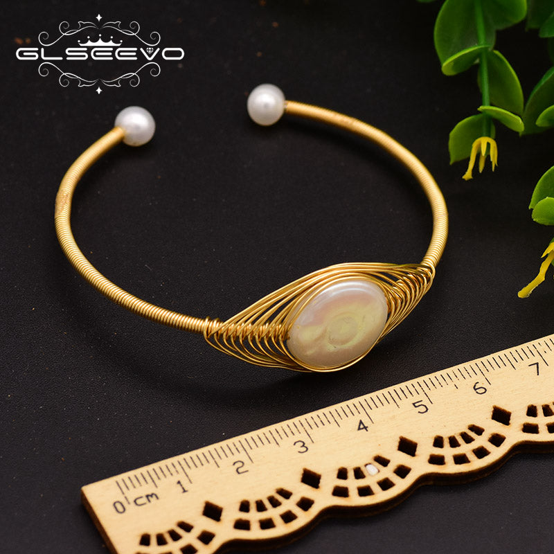 GLSEEVO Original Design Handmade Natural Freshwater Pearl Bangle For Women Wedding Gift Fine Jewelry Pulseira Feminina GB0113